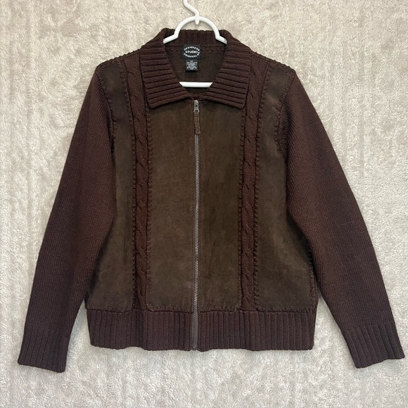 Designer Originals Studio Jackets & Blazers - Vintage Women's Chocolate Brown Boho Suede Cable Knit Jacket Sz M Elbow Patches